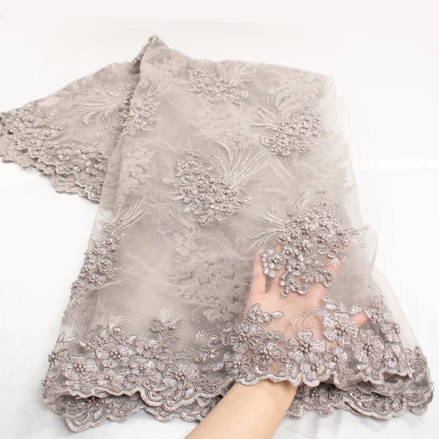 Corded Pearl/Beaded Embroidery Chantilly Lace Silver