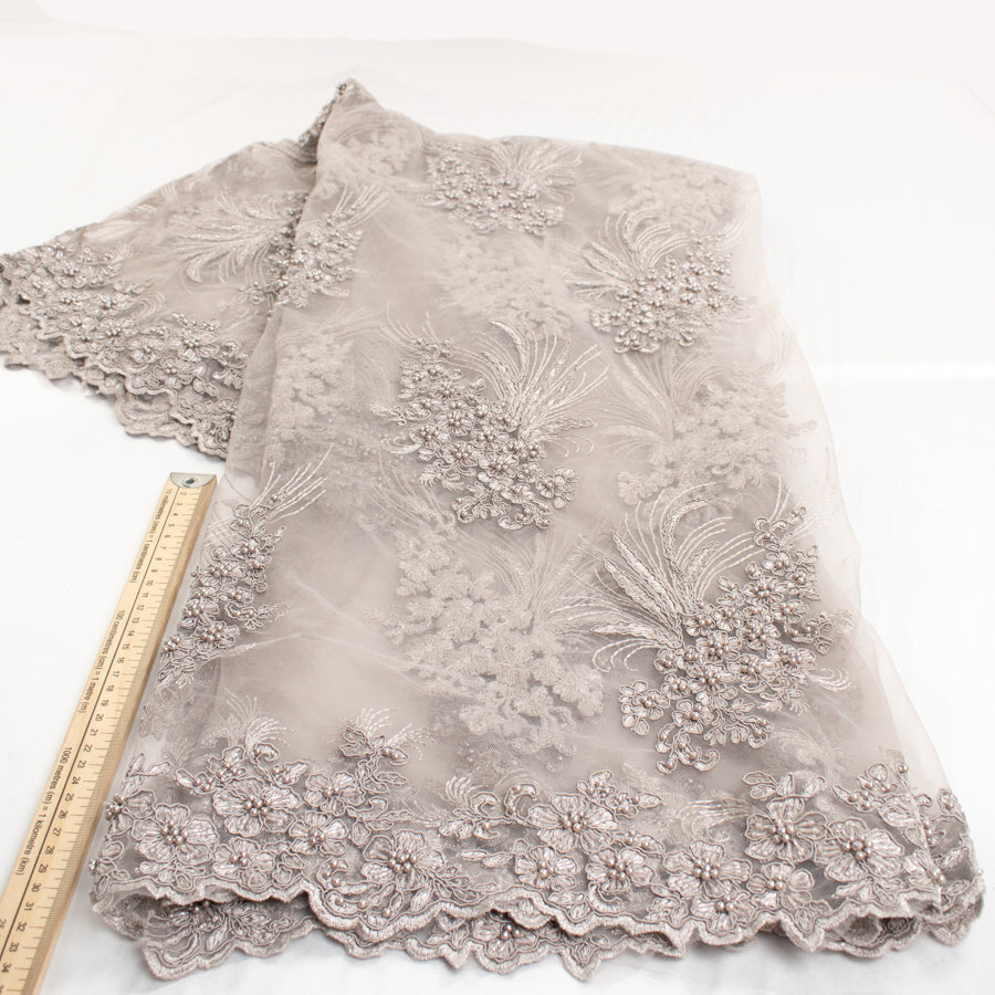 Corded Pearl/Beaded Embroidery Chantilly Lace Silver