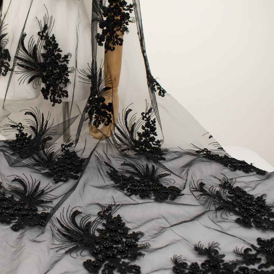 Corded Pearl/Beaded Embroidery Chantilly Lace Black
