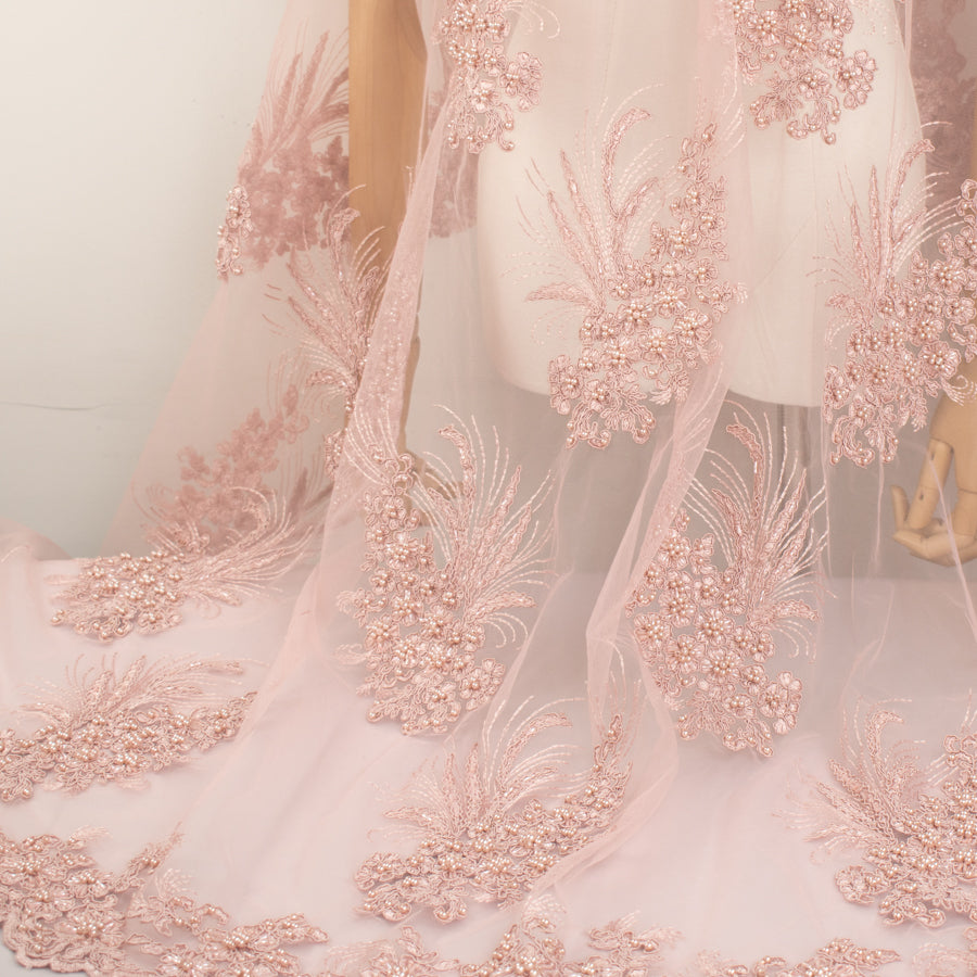 Corded Pearl/Beaded Embroidery Chantilly Lace Dusty Pink