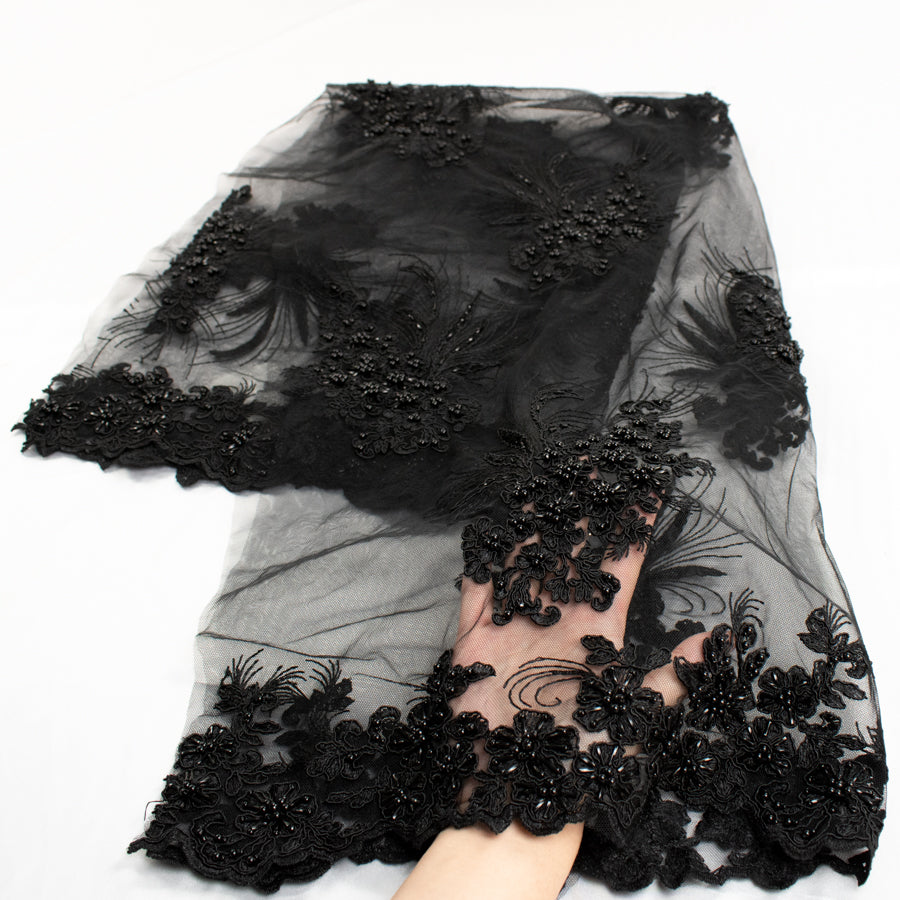Corded Pearl/Beaded Embroidery Chantilly Lace Black