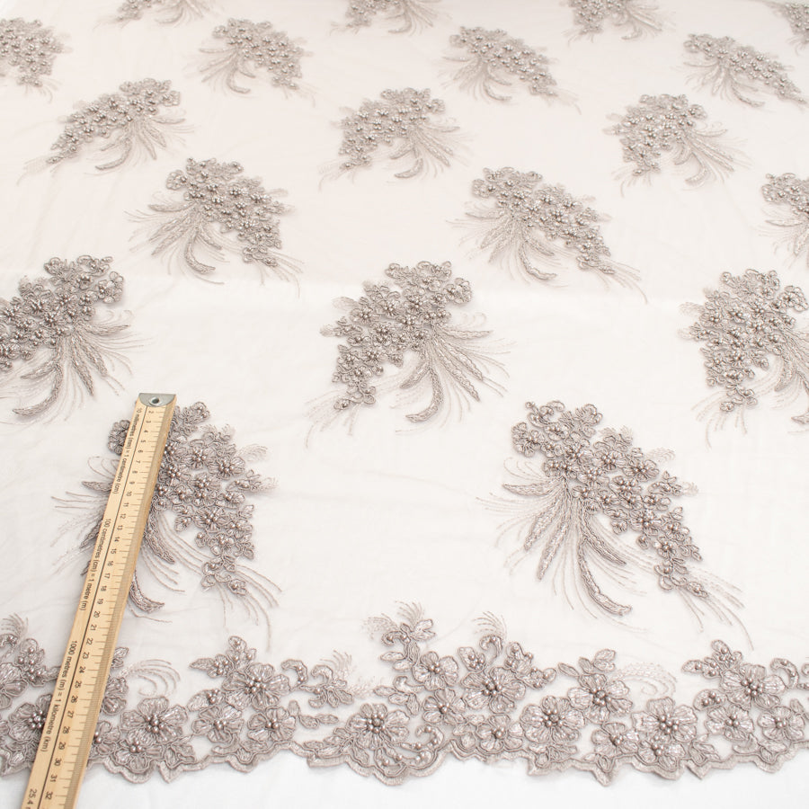 Corded Pearl/Beaded Embroidery Chantilly Lace Silver