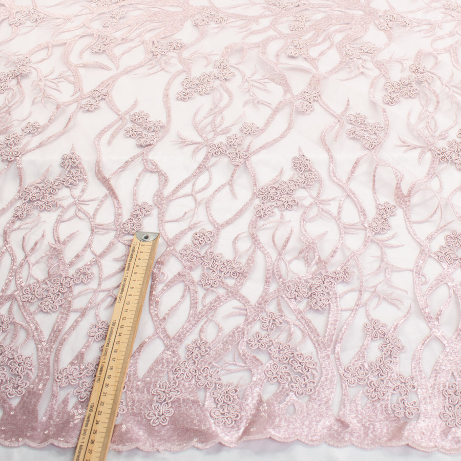 Corded Sequin Vines Chantilly Lace Design-2 Baby Pink