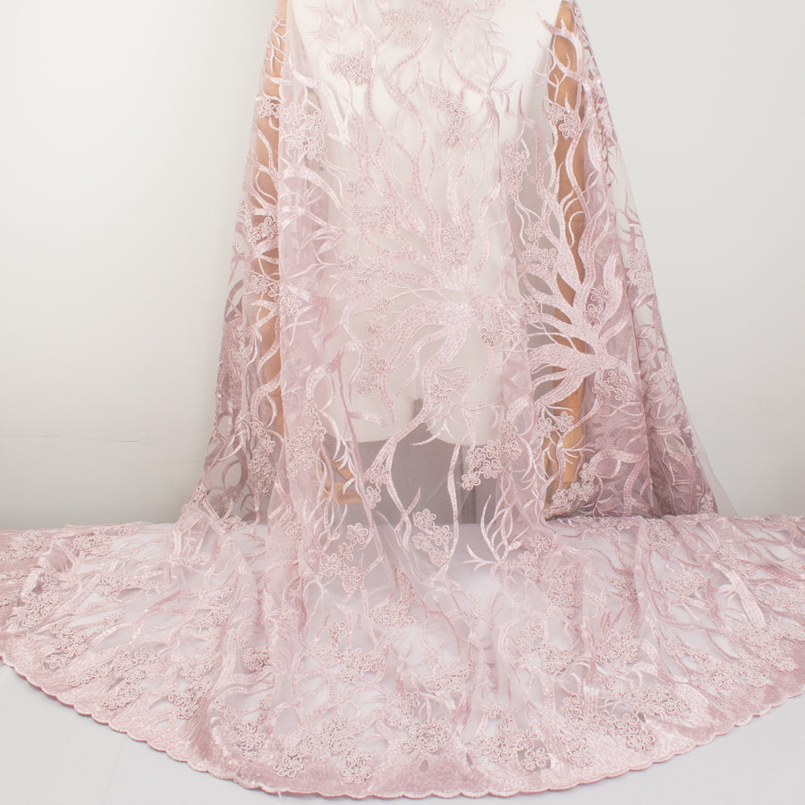 Corded Sequin Vines Chantilly Lace Design-2 Baby Pink