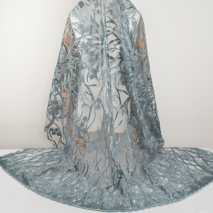 Corded Sequin Vines Chantilly Lace Design-2 Grey Green