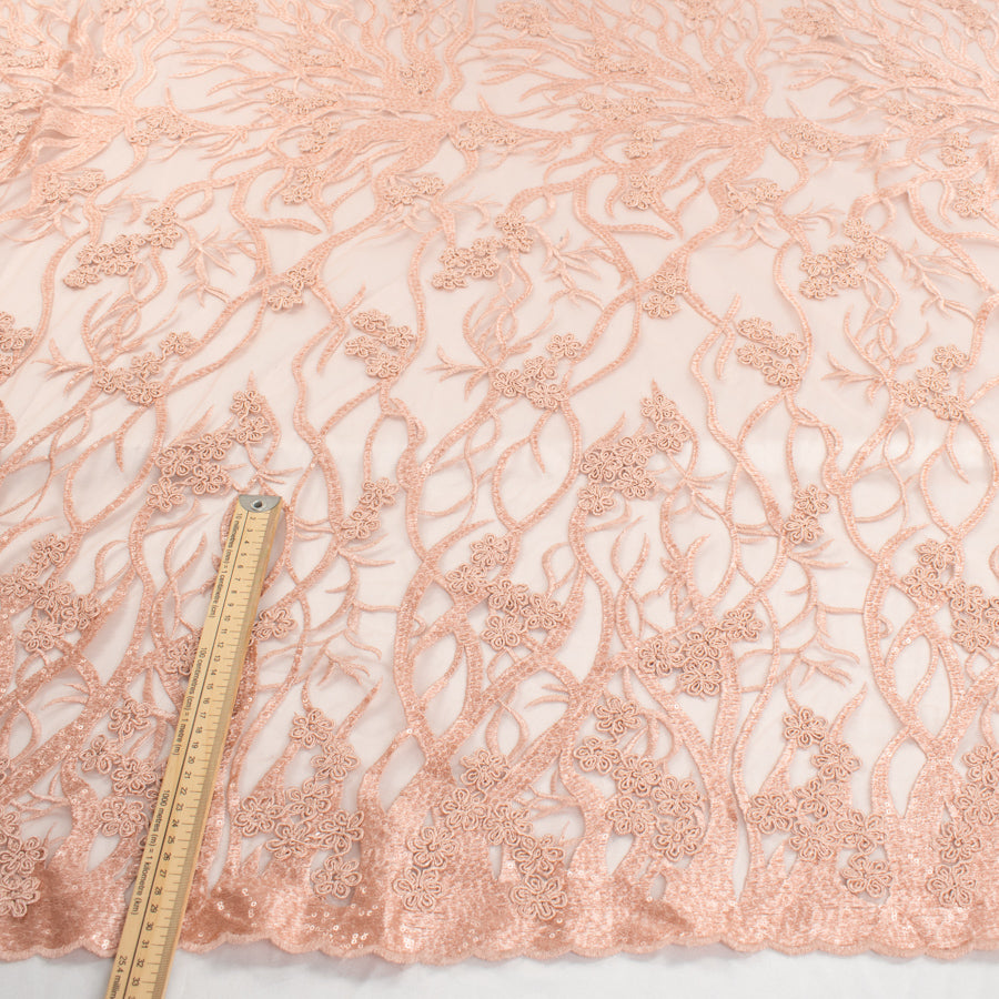 Corded Sequin Vines Chantilly Lace Design-2 Peach