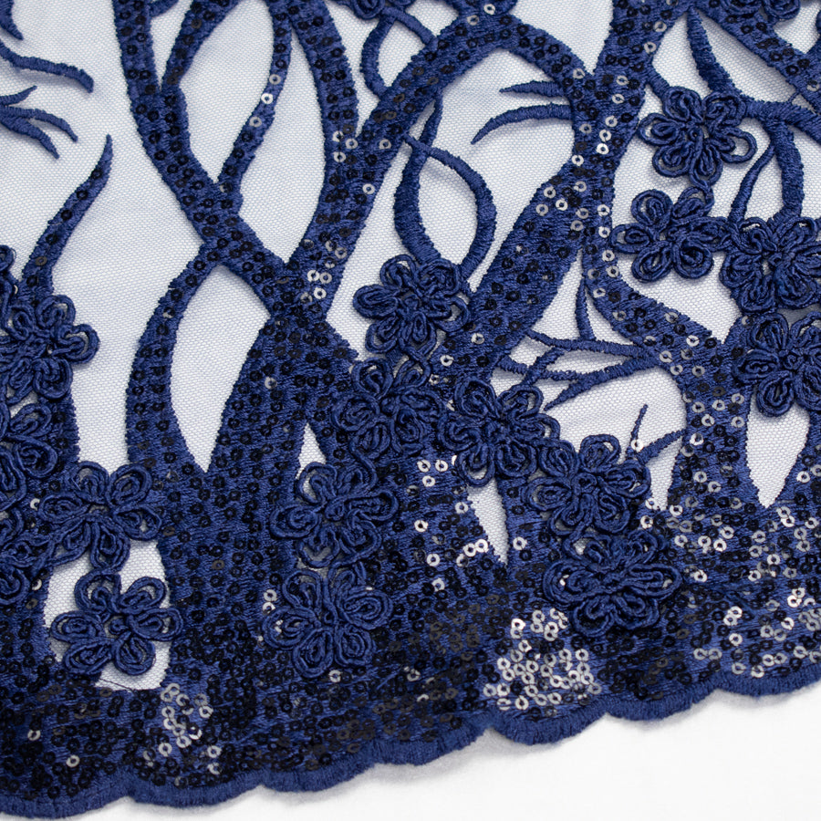 Corded Sequin Vines Chantilly Lace Design-2 Navy