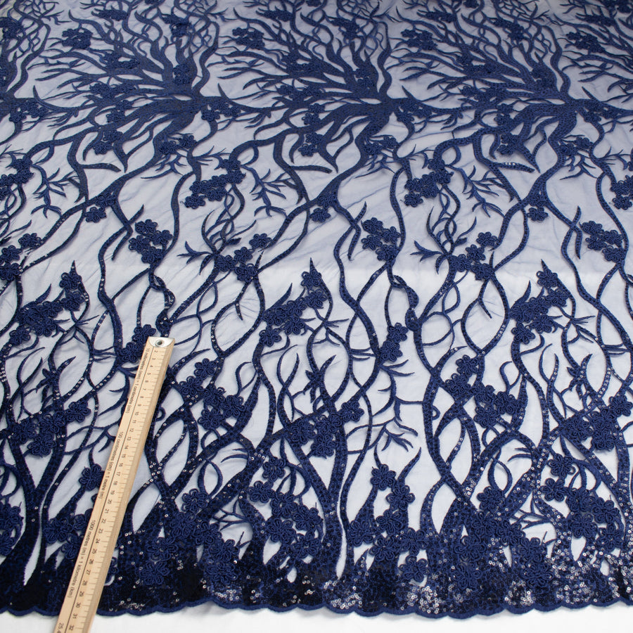 Corded Sequin Vines Chantilly Lace Design-2 Navy