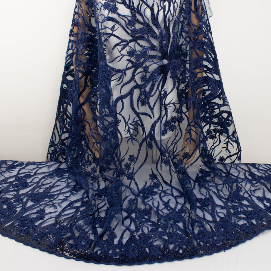 Corded Sequin Vines Chantilly Lace Design-2 Navy