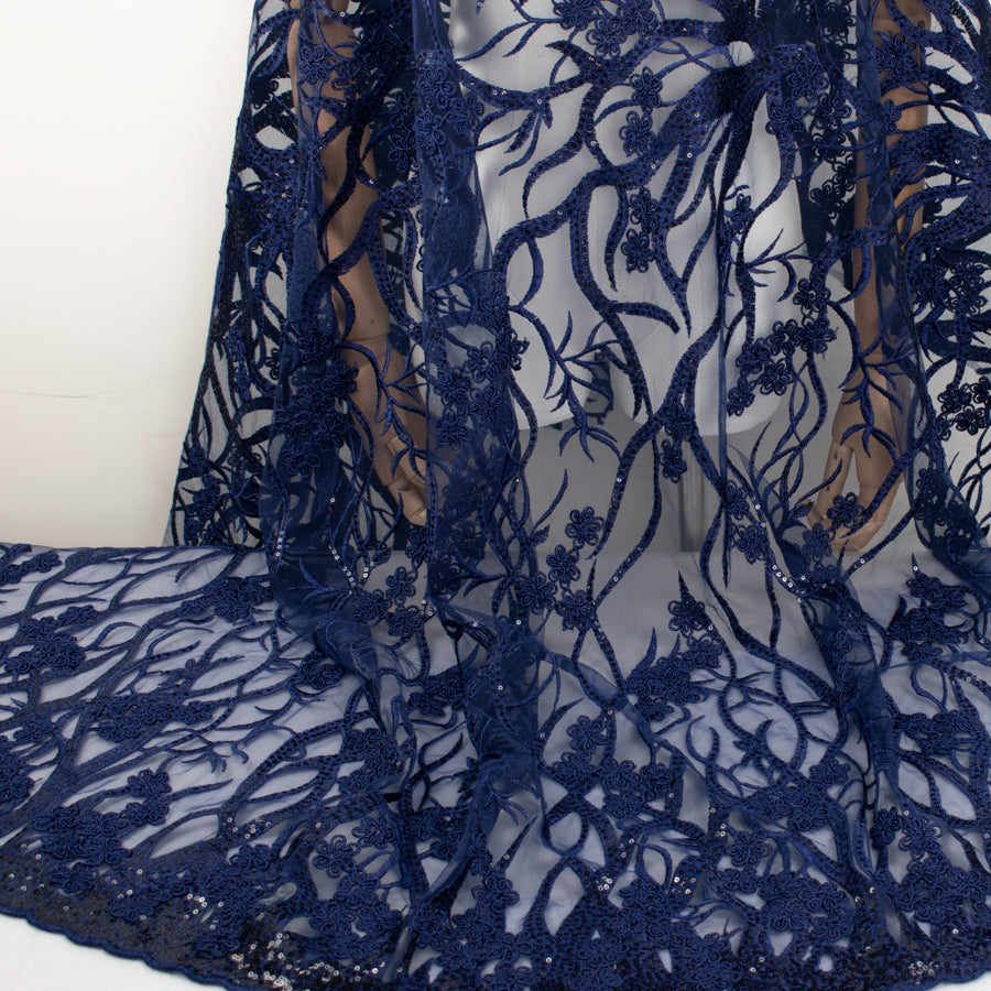 Corded Sequin Vines Chantilly Lace Design-2 Navy
