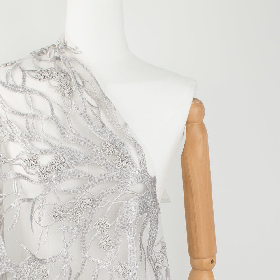 Corded Sequin Vines Chantilly Lace Design-2 Silver