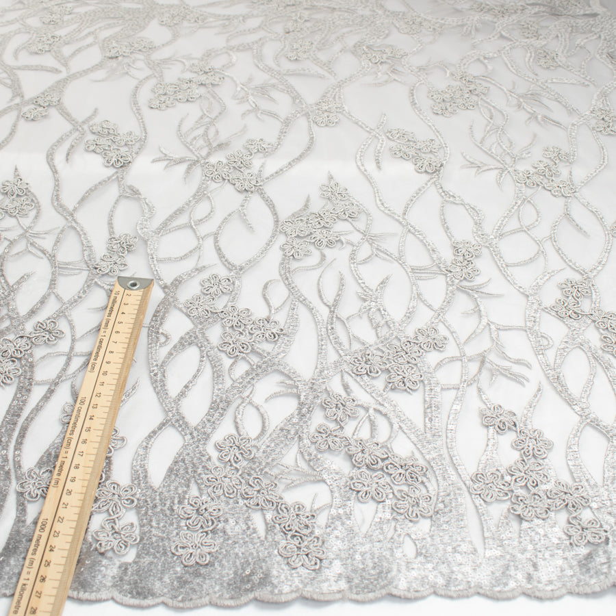 Corded Sequin Vines Chantilly Lace Design-2 Silver