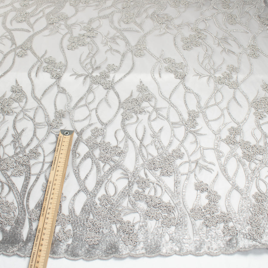 Corded Sequin Vines Chantilly Lace Design-2 Silver