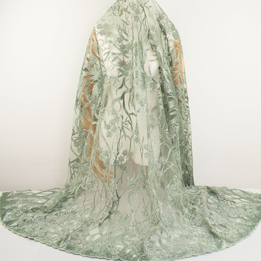 Corded Sequin Vines Chantilly Lace Design-2 Sage Green