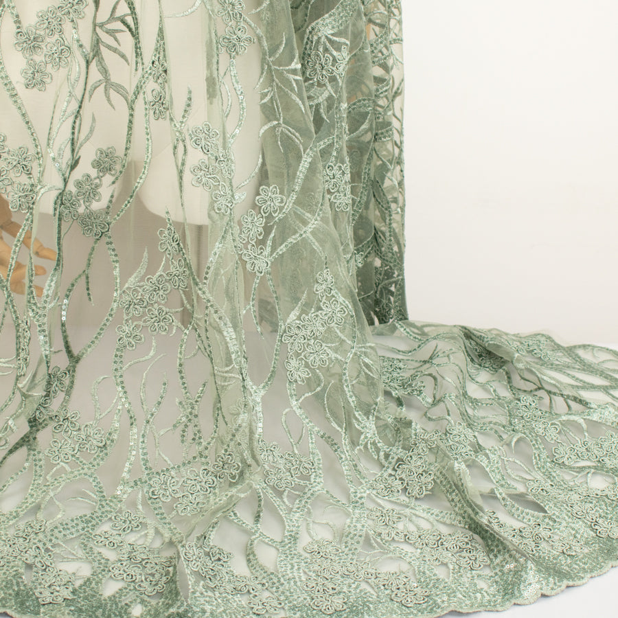 Corded Sequin Vines Chantilly Lace Design-2 Sage Green
