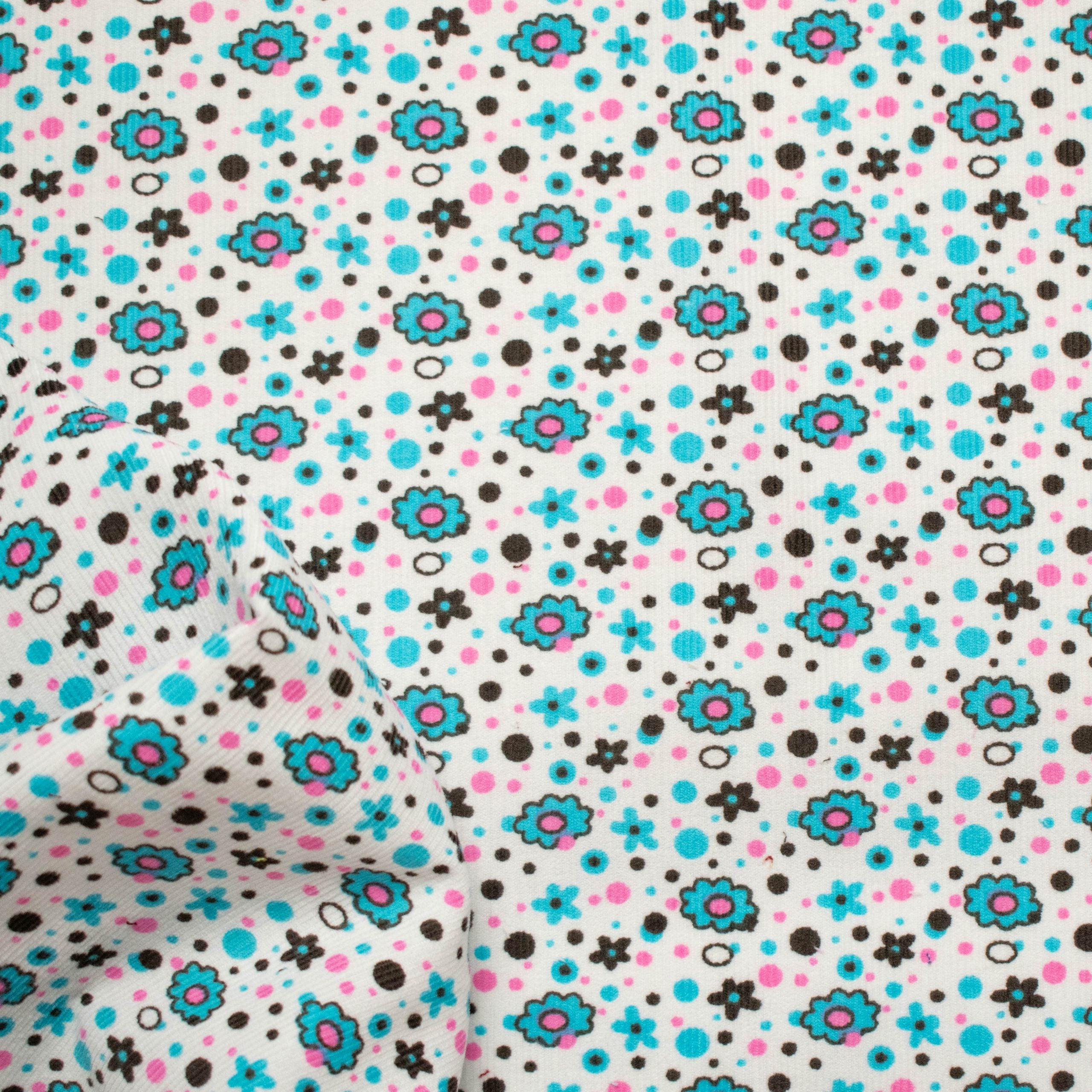 Cotton Corduroy Prints Design 21 Blue Florals on White