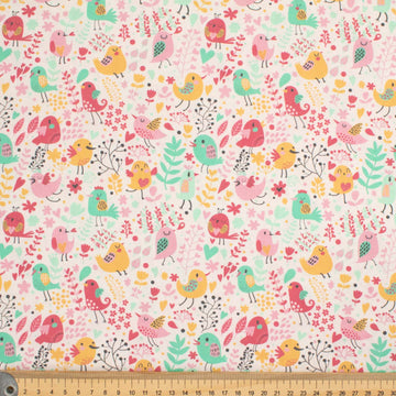 Flowers & Birds Cartoon Collection #01 Multi-Colour Birds on White Cotton Prints