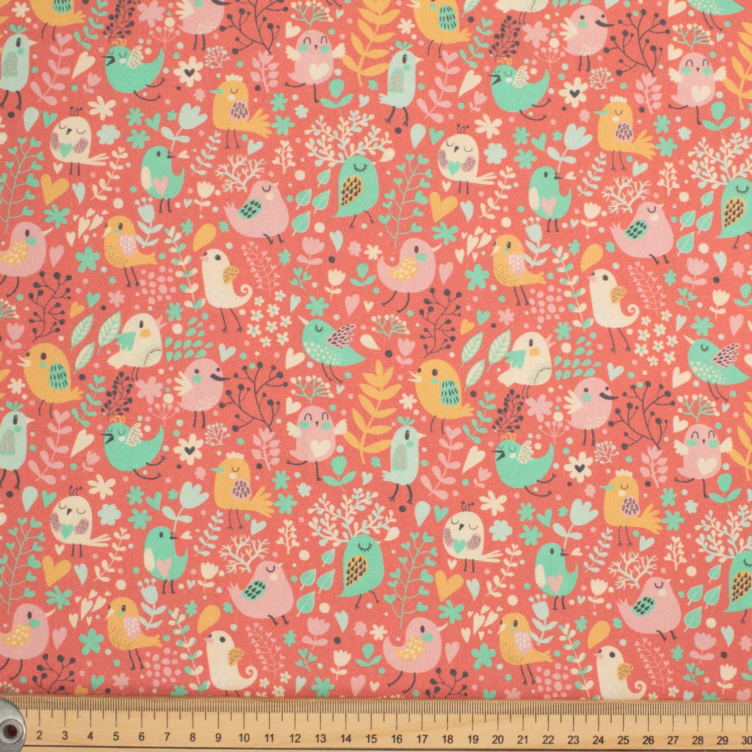 Flowers & Birds Cartoon Collection #02 Multi-Colour Birds on Coral Cotton Prints