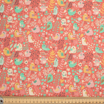 Flowers & Birds Cartoon Collection #02 Multi-Colour Birds on Coral Cotton Prints