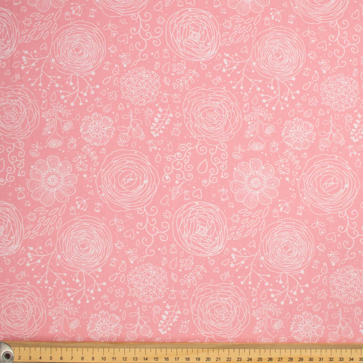 Flowers & Birds Cartoon #06 Collection White Floral on Pink Cotton Prints