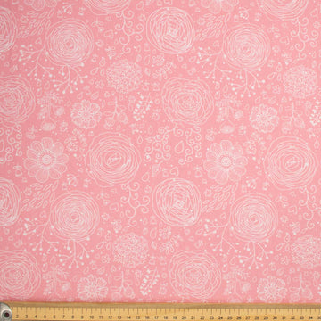 Flowers & Birds Cartoon #06 Collection White Floral on Pink Cotton Prints