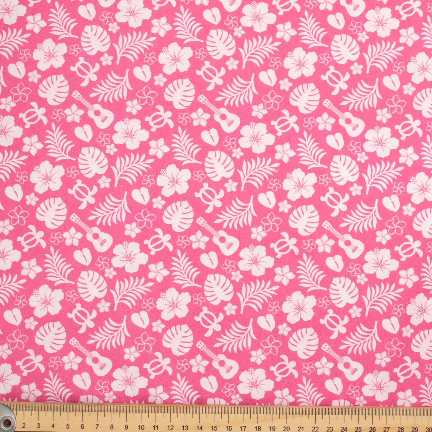 Hawaii Style Collection #09 Flower, Leaves, Sea Turtle & Guitar on Pink Cotton Prints