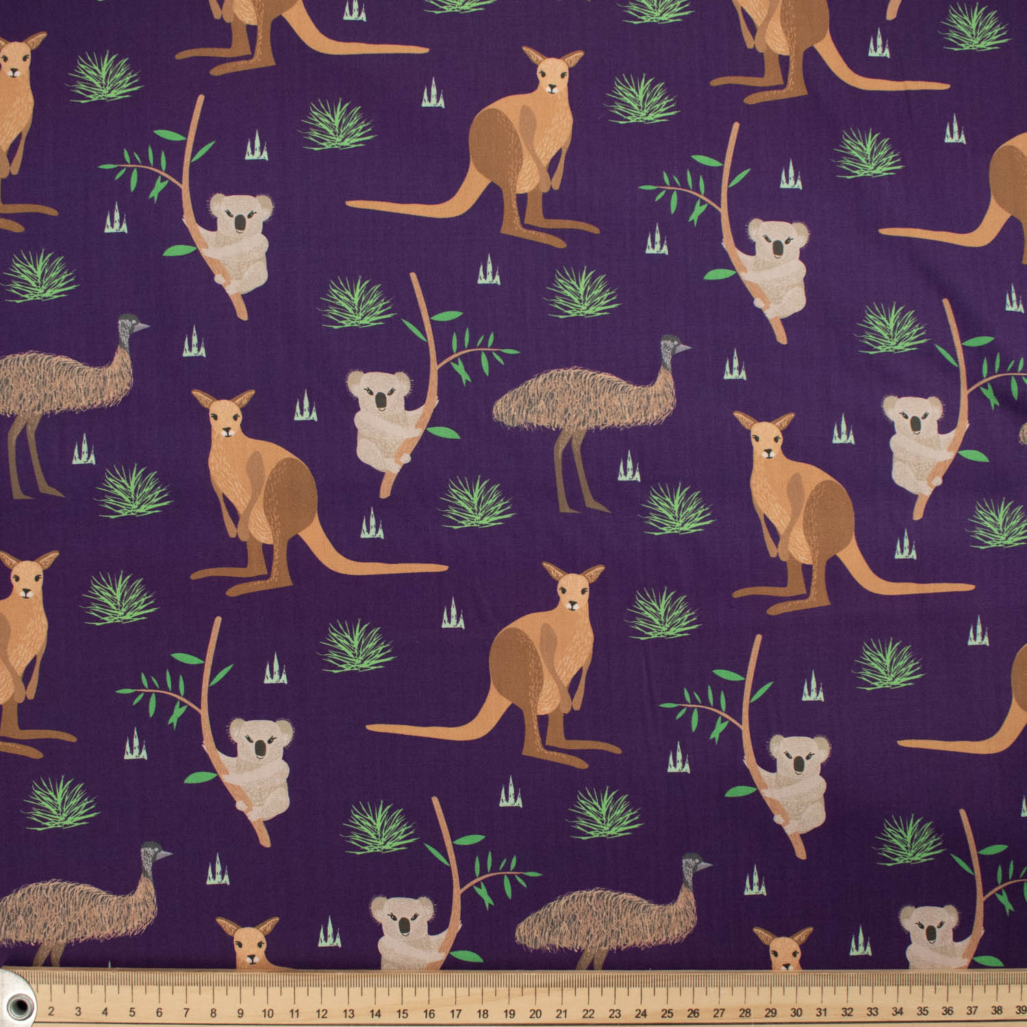 Australiana Animal Collection Kangaroo Koala Emu Purple Cotton Prints