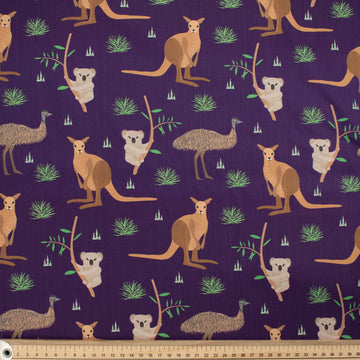 Australiana Animal Collection Kangaroo Koala Emu Purple Cotton Prints