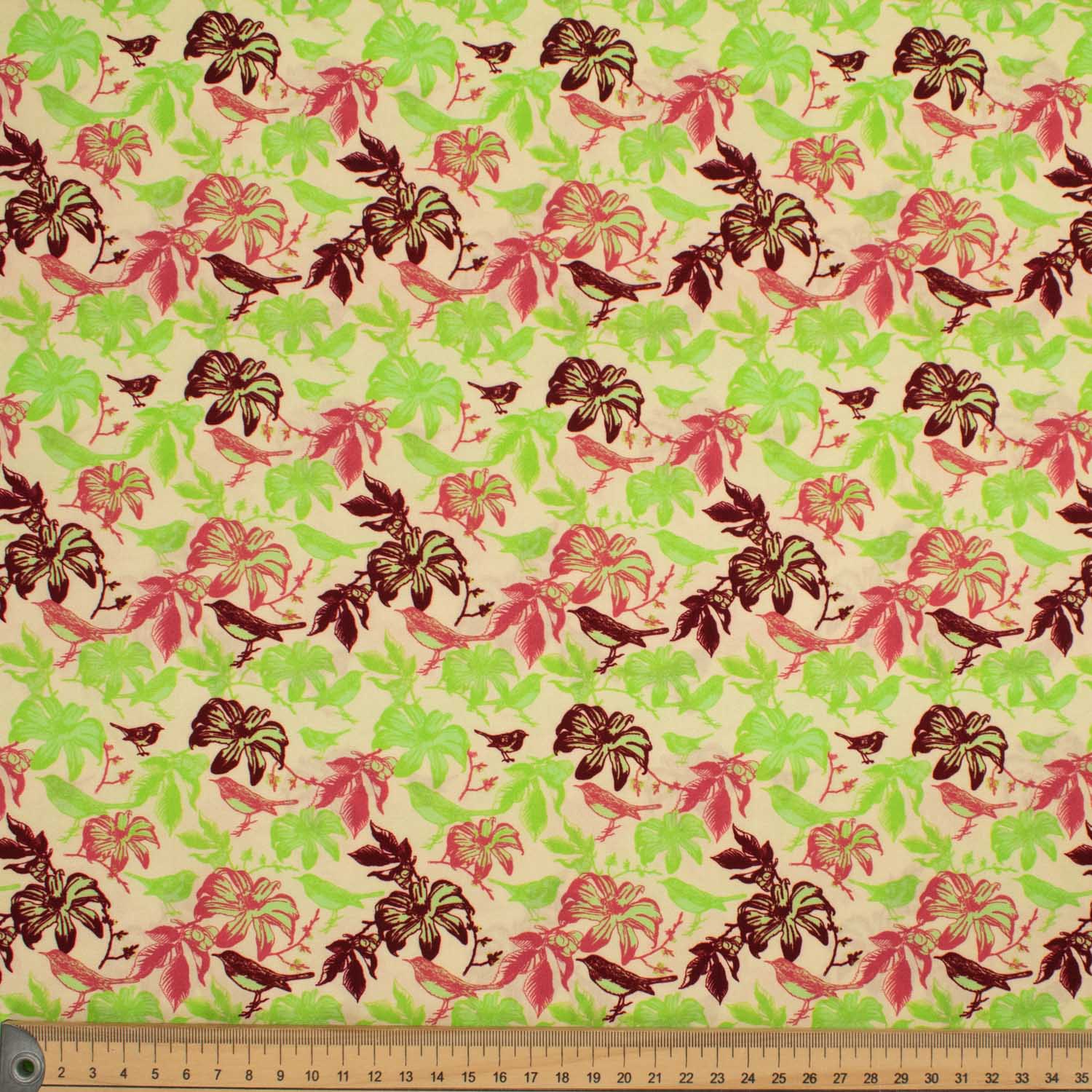 Old World Plants Collection #11 Maroon Birds & Green Leaves on Coral Cotton Prints