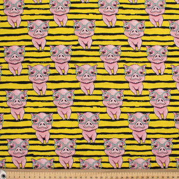 Animal Series The Pink Pig on Yellow Stripes Cotton Prints