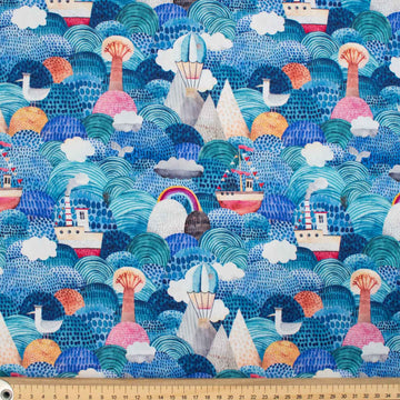 Fantasy Childhood Series Cartoon Hot Air Balloon Blue Cotton Prints