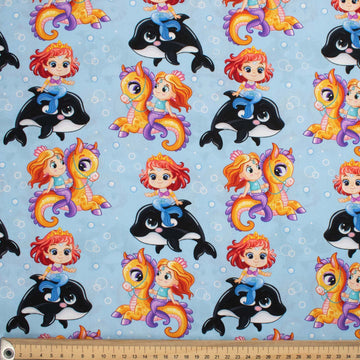 Fantasy Childhood Series Cute Mermaid Princess with Dolphins & Seahorse Cotton Prints