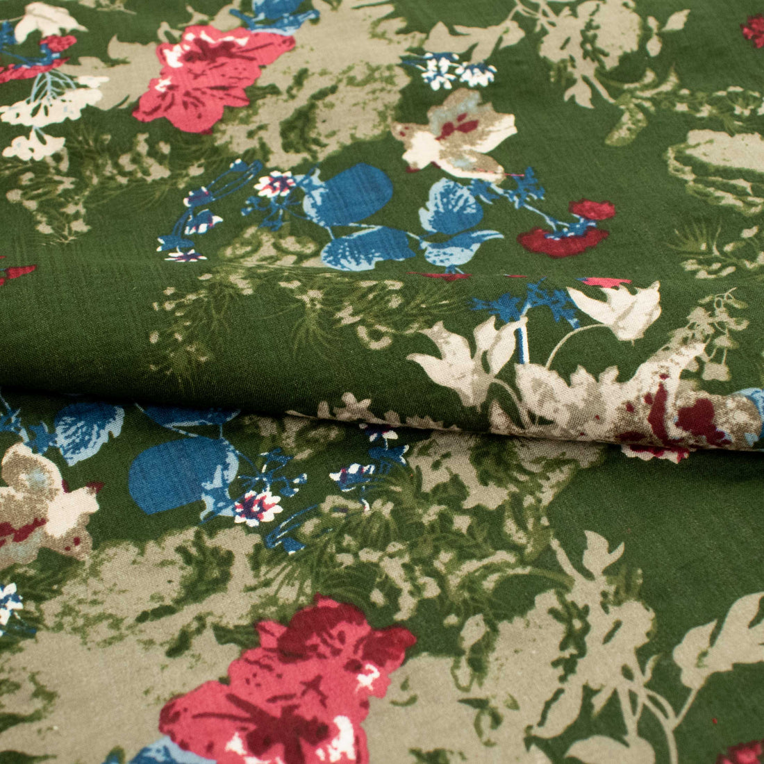 Crinkle Cotton Prints Design-1 Beige Floral on Forest Green