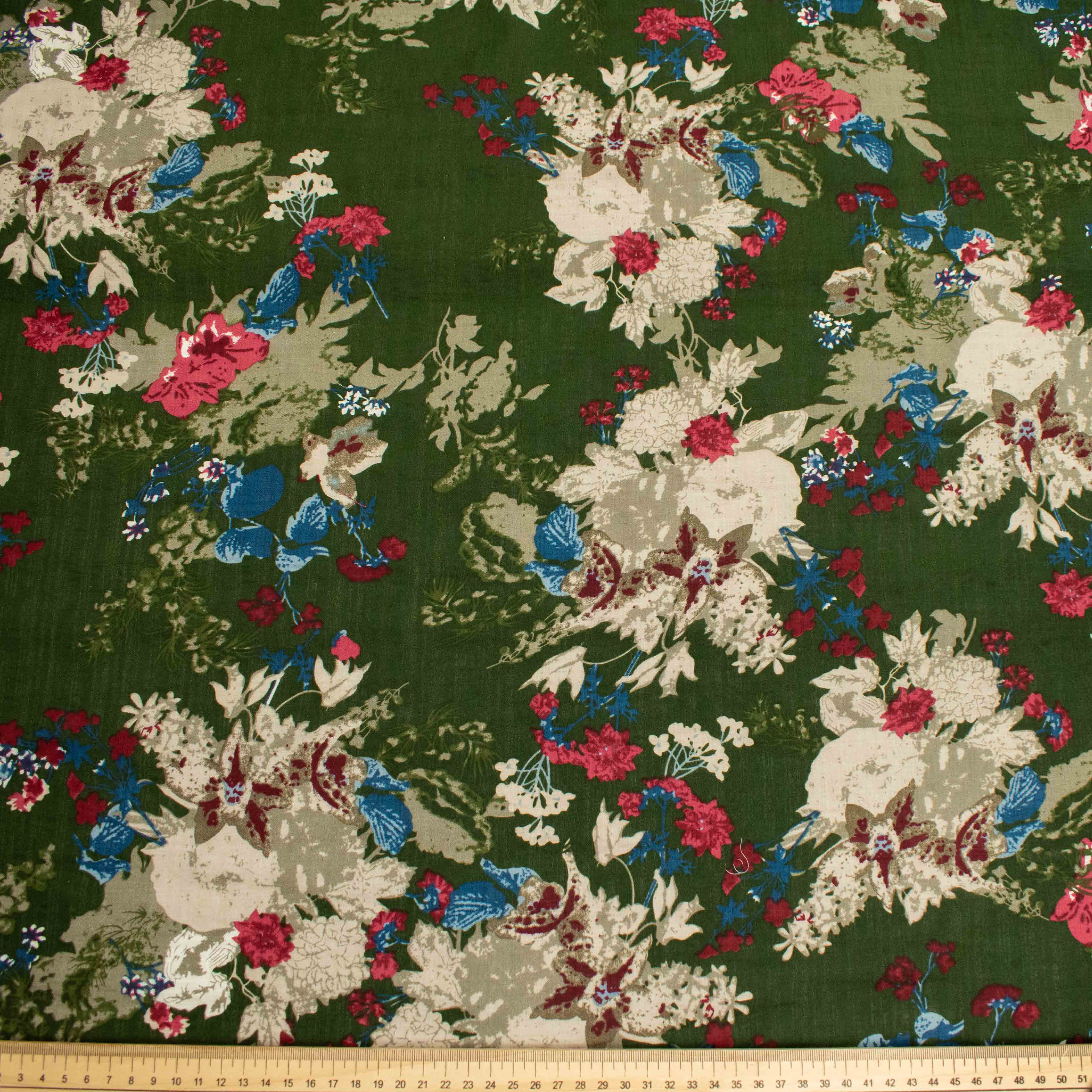 Crinkle Cotton Prints Design-1 Beige Floral on Forest Green