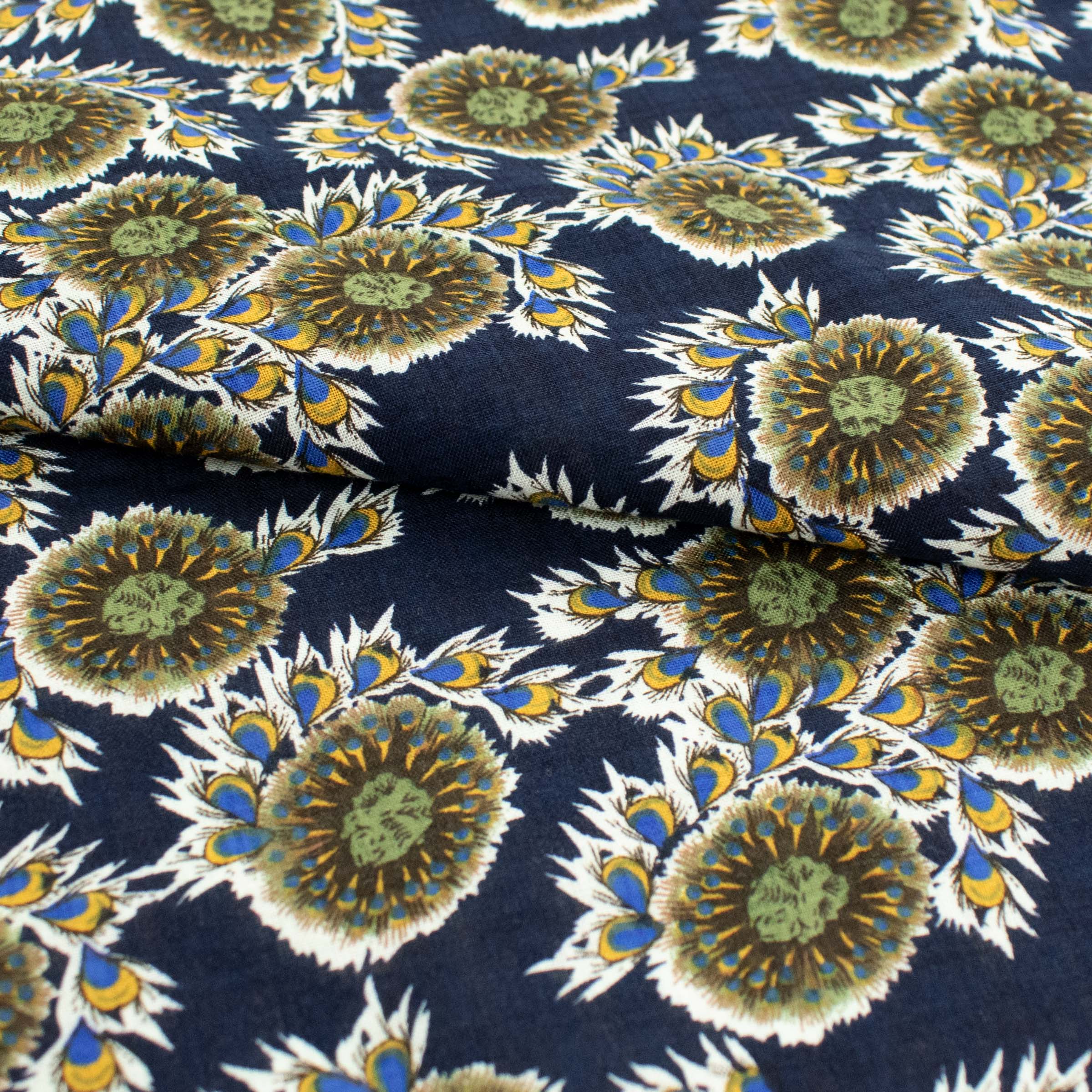 Crinkle Cotton Prints Design-11 Green Floral on Navy