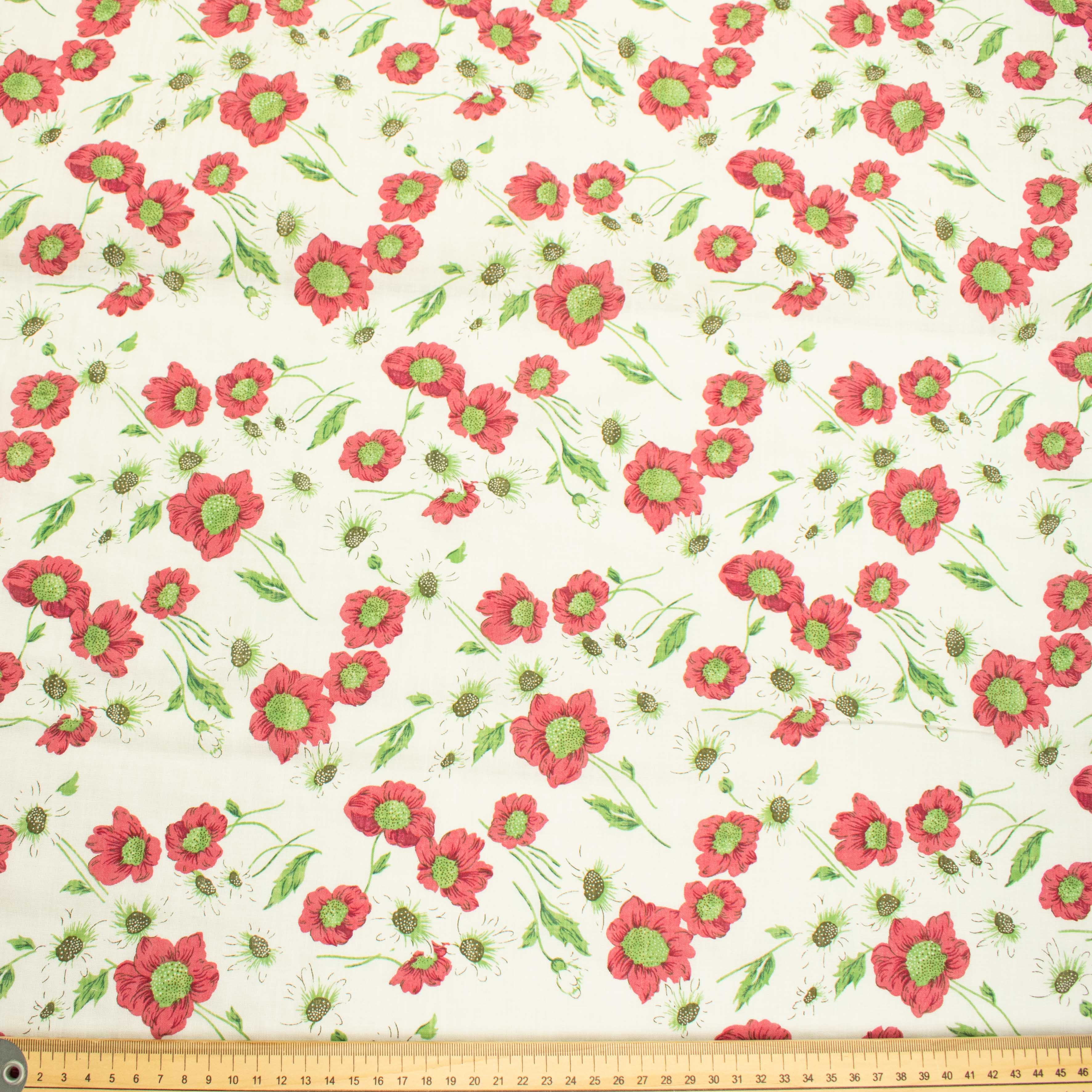 Crinkle Cotton Prints Design-16 Red Flowers on White