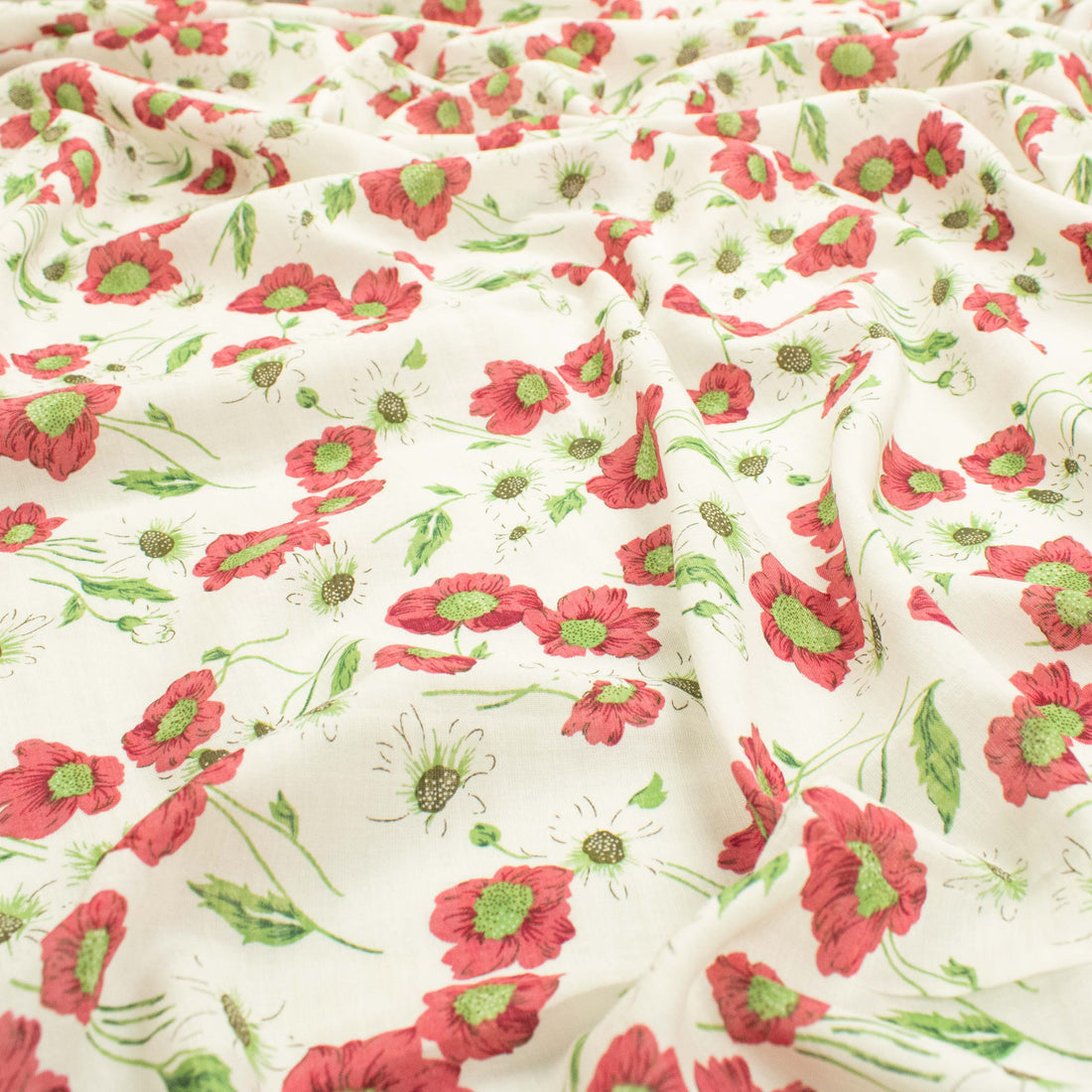 Crinkle Cotton Prints Design-16 Red Flowers on White