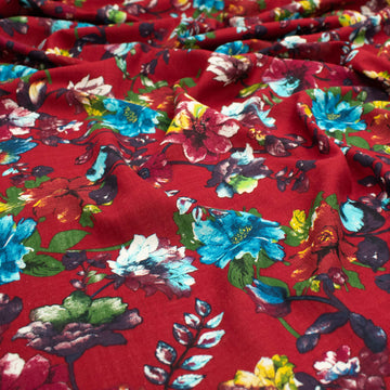 Crinkle Cotton Prints Design-2 Blue Floral on Red