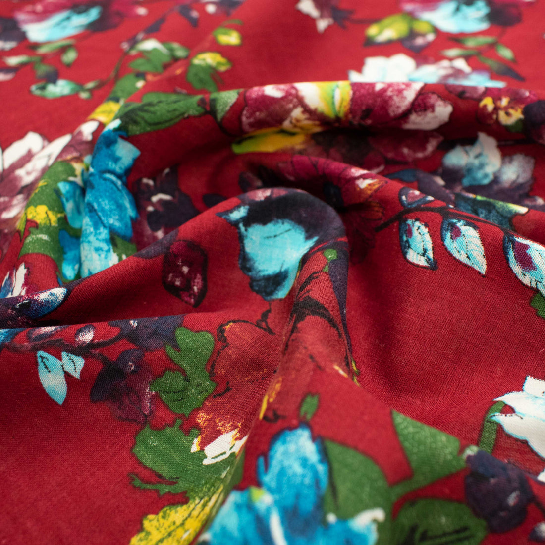 Crinkle Cotton Prints Design-2 Blue Floral on Red