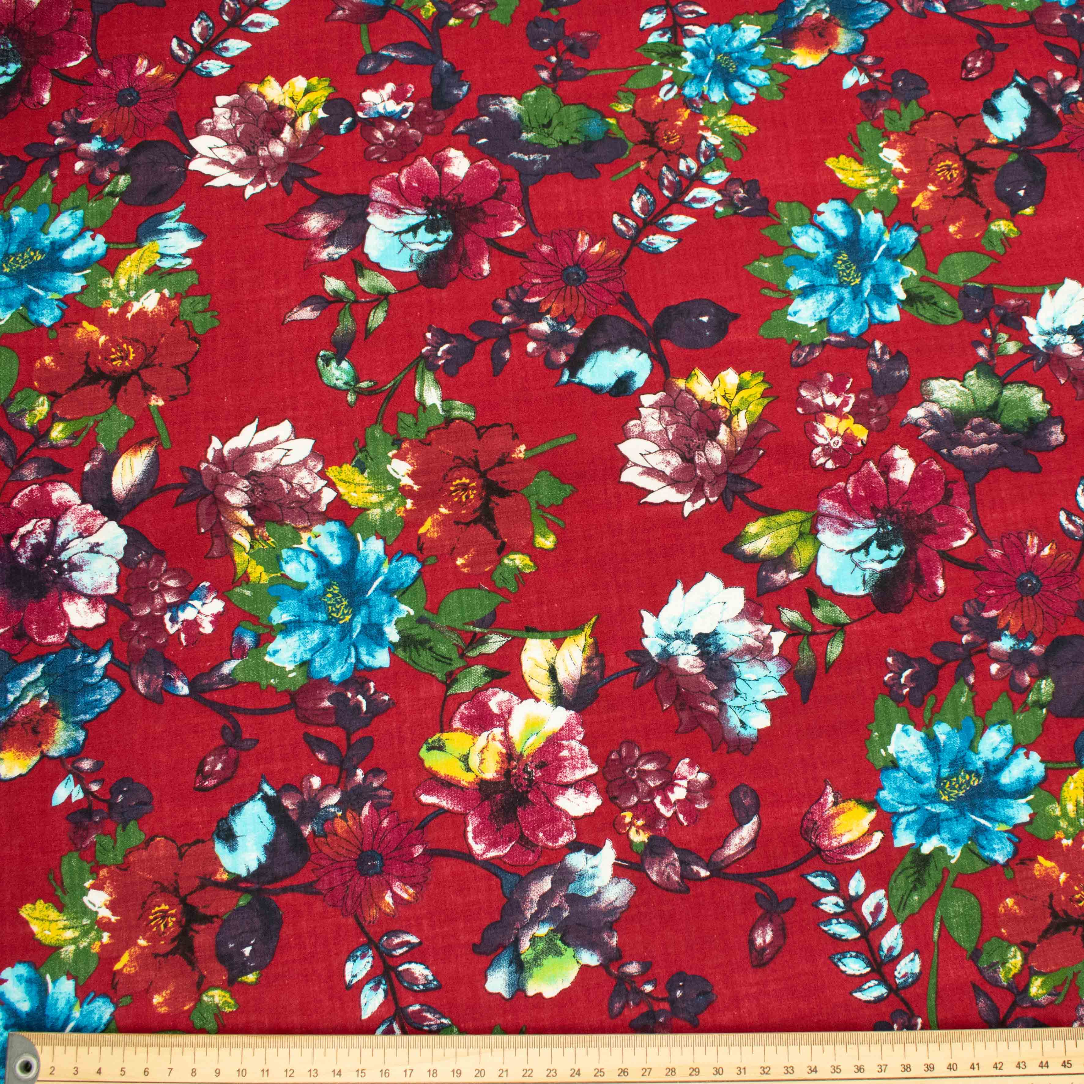 Crinkle Cotton Prints Design-2 Blue Floral on Red