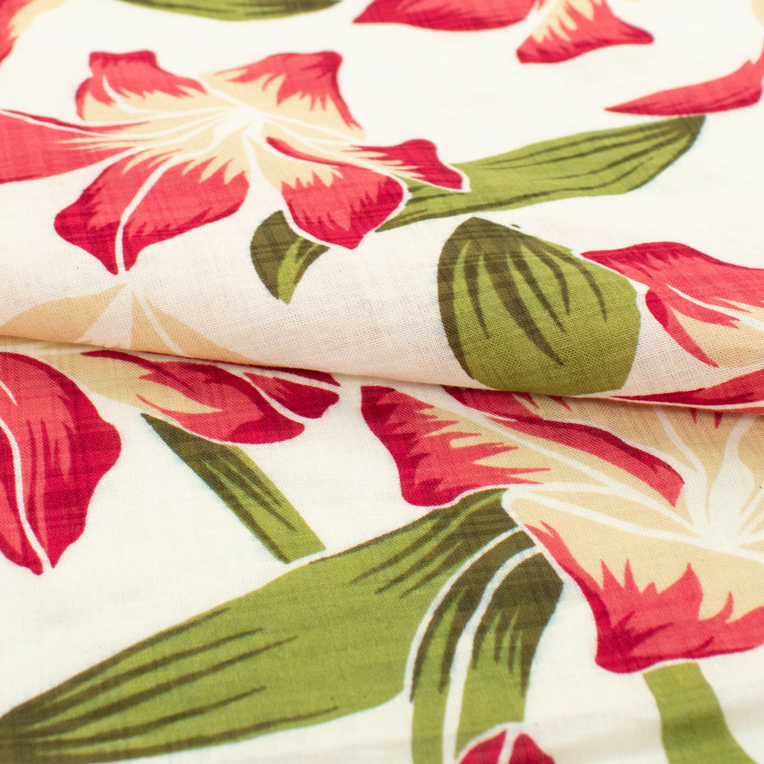 Crinkle Cotton Prints Design-20 Red Lily Flowers on White
