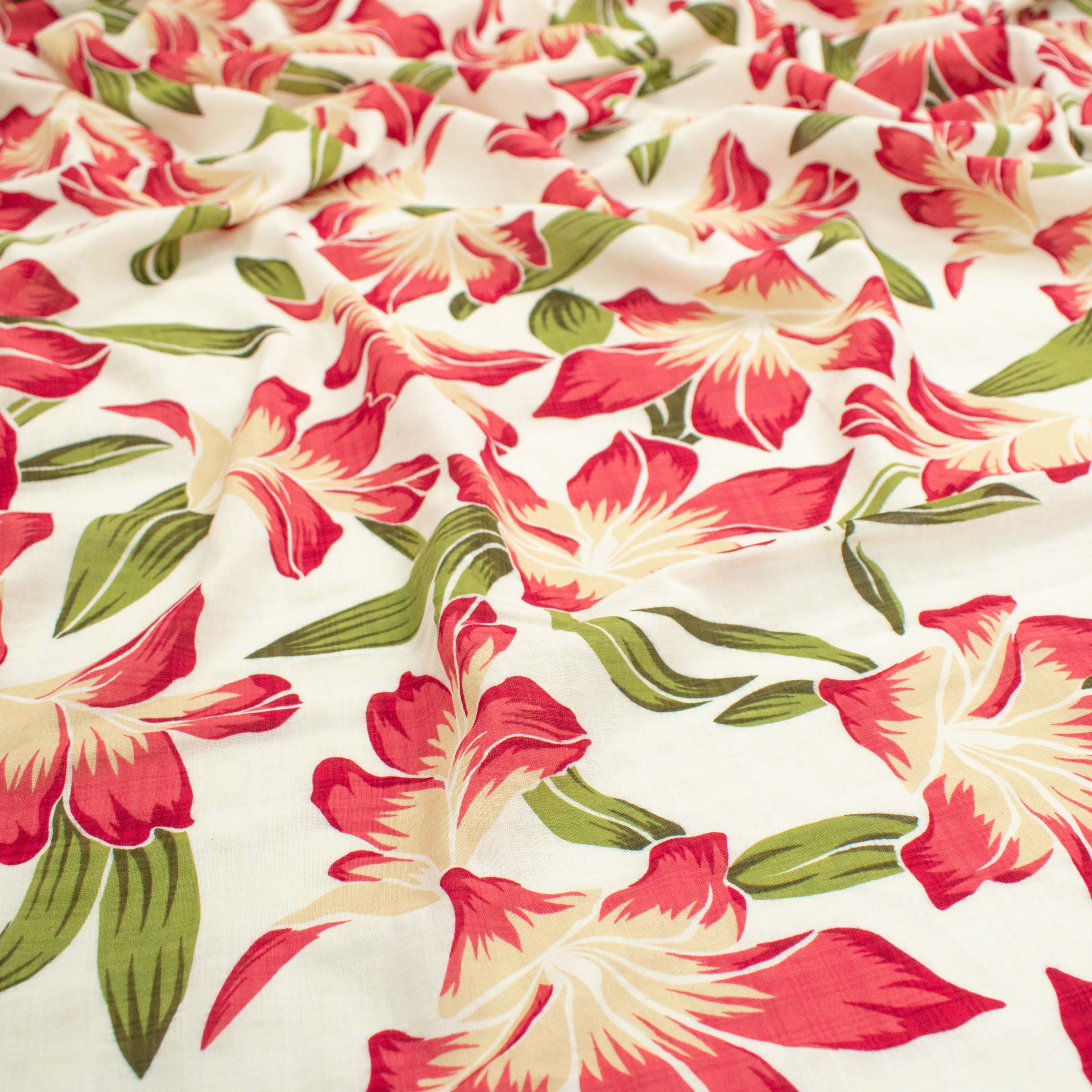 Crinkle Cotton Prints Design-20 Red Lily Flowers on White