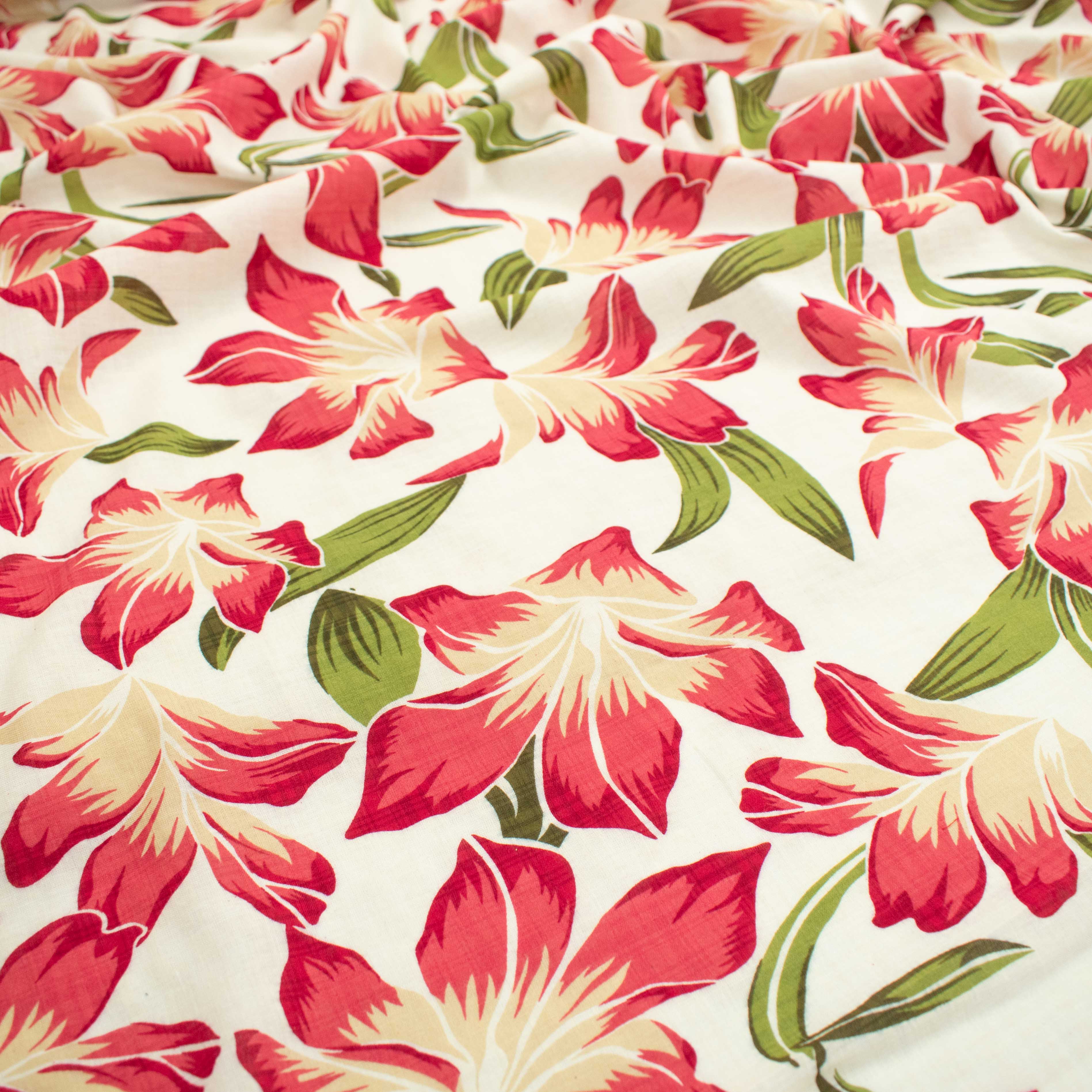 Crinkle Cotton Prints Design-20 Red Lily Flowers on White