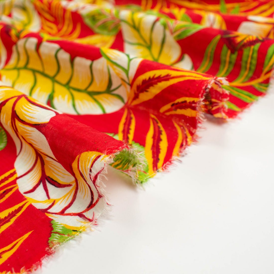Crinkle Cotton Prints Design-22 Yellow & Green Leaves on Red