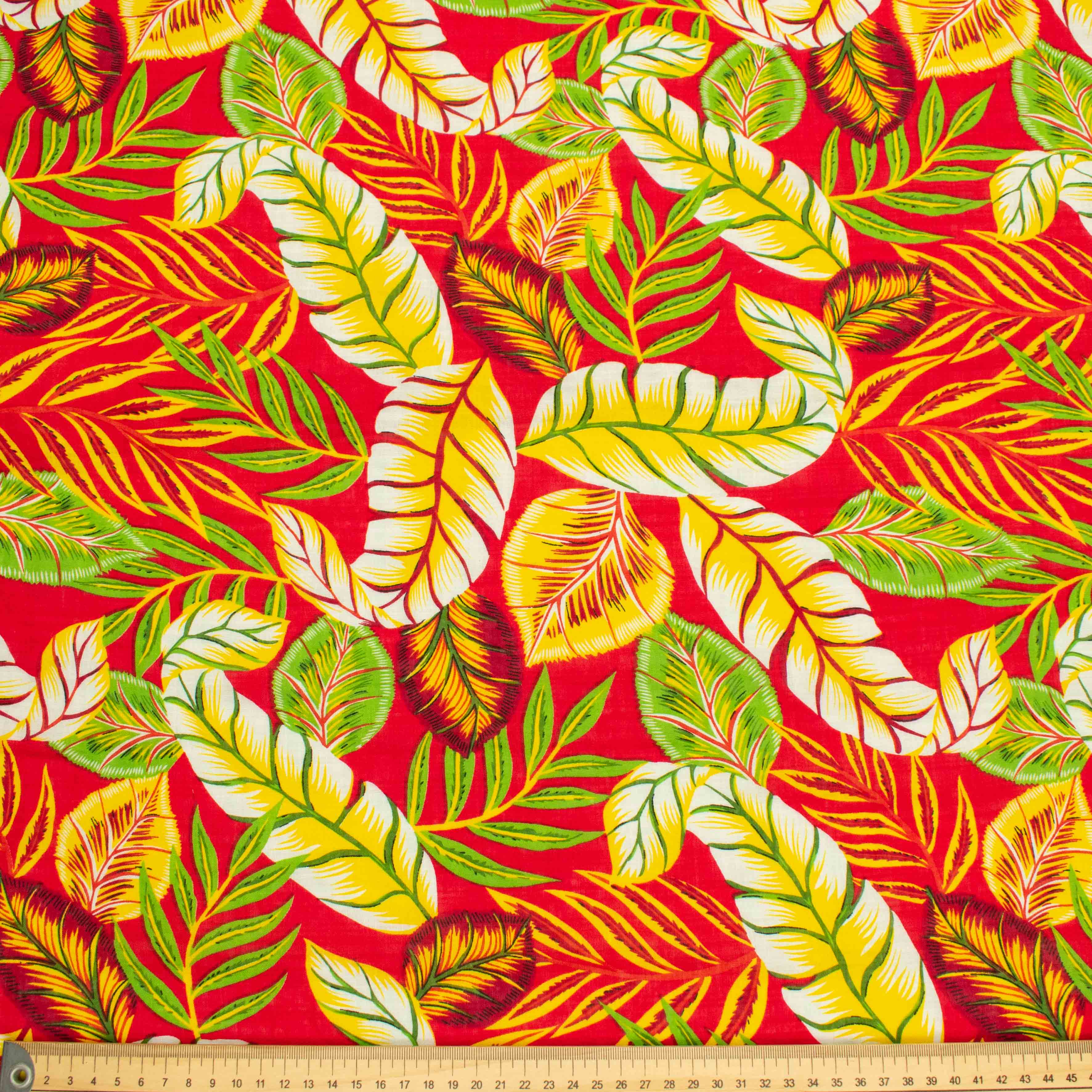 Crinkle Cotton Prints Design-22 Yellow & Green Leaves on Red