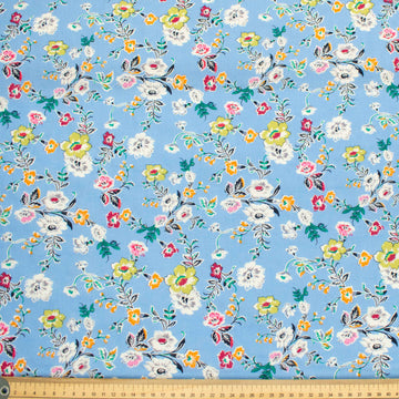 Crinkle Cotton Prints Design-23 White & Pink Flowers on Sky Blue