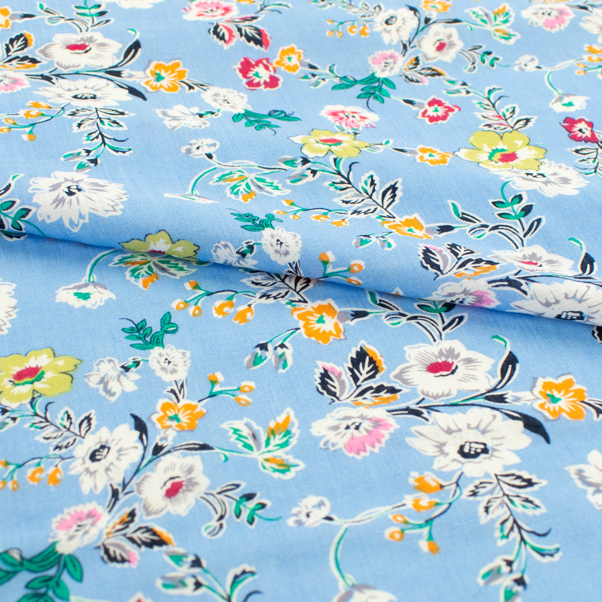 Crinkle Cotton Prints Design-23 White & Pink Flowers on Sky Blue