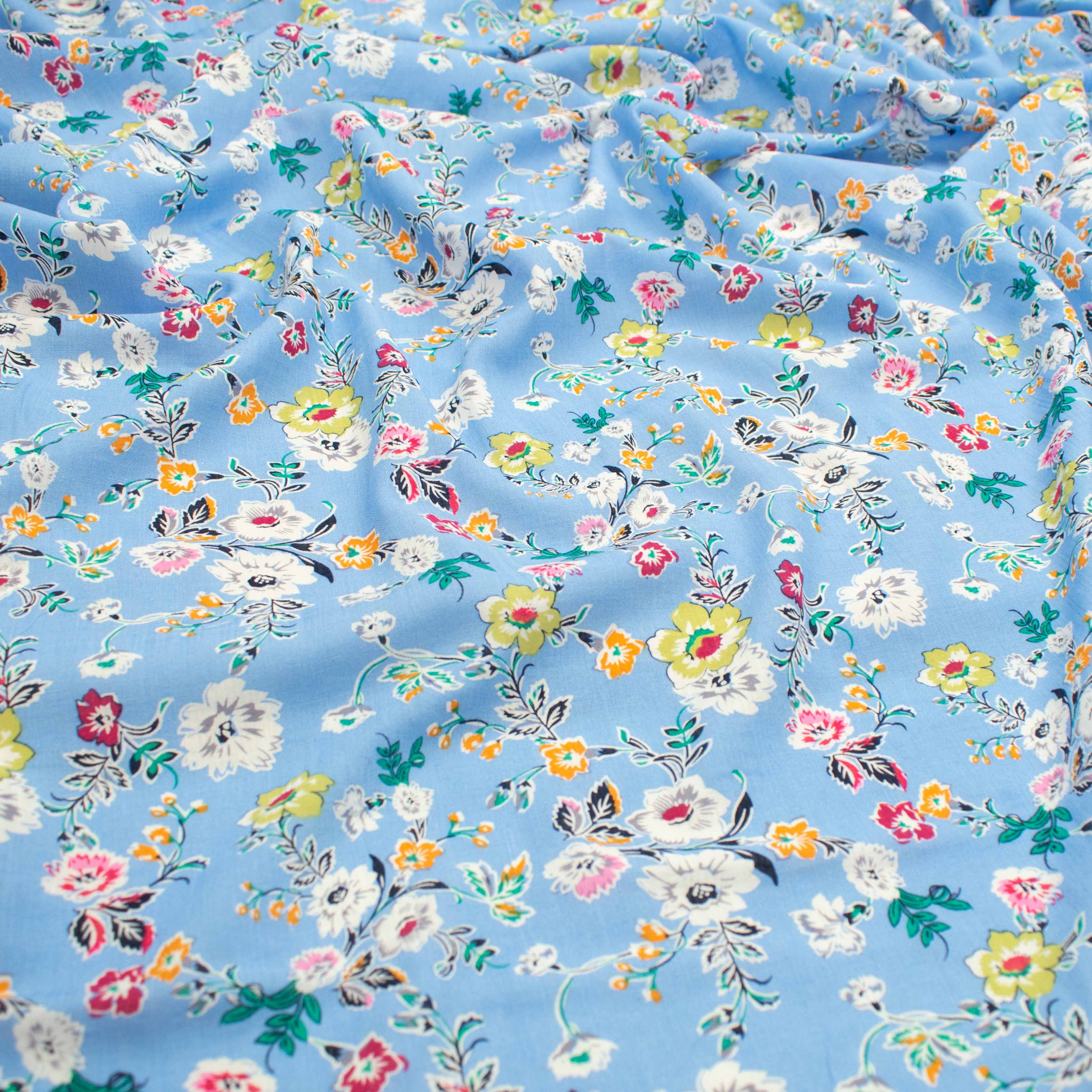 Crinkle Cotton Prints Design-23 White & Pink Flowers on Sky Blue