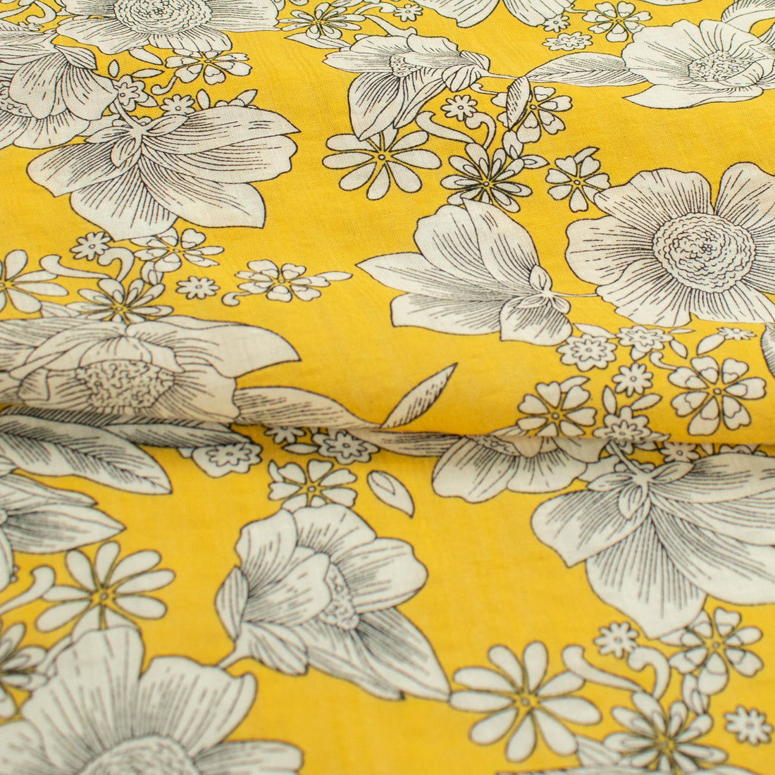 Crinkle Cotton Prints Design-25 White Flowers on Yellow
