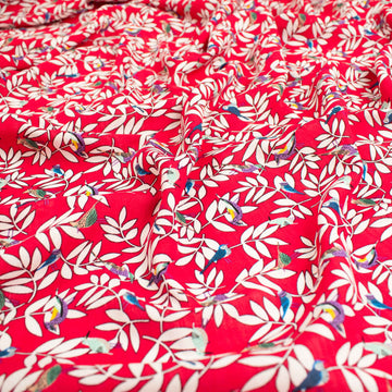 Crinkle Cotton Prints Design-3 White Leaves & Birds on Red